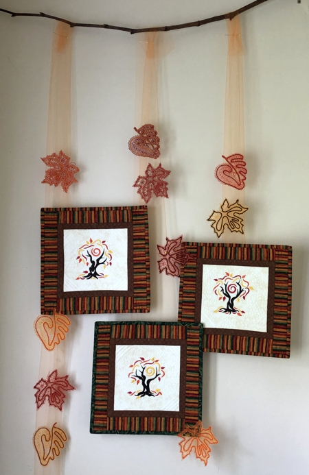 Fall-themed one-block quilts.