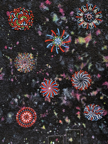 Close-ups of the firework embroidery on the quilt