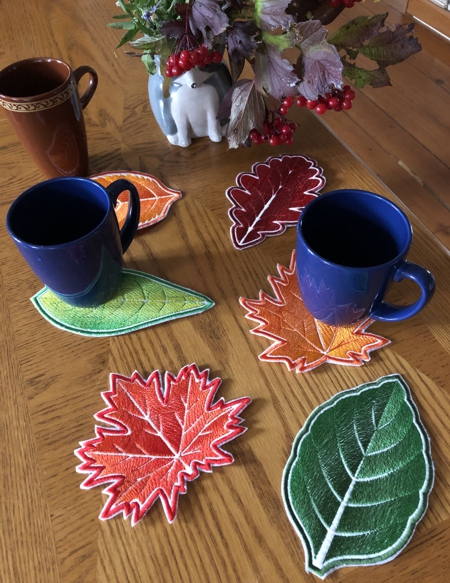 Finished coasters on a table.