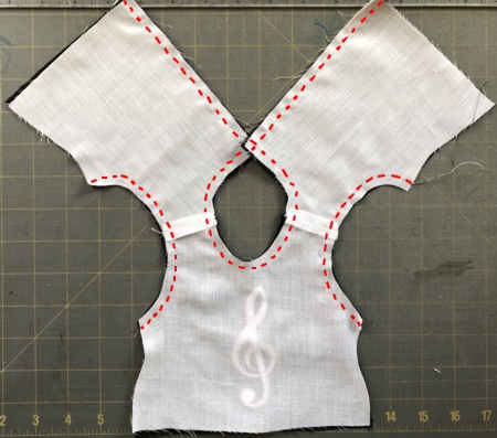 Lining and bodice stitched together.Wrong side. Stitches shown in red.