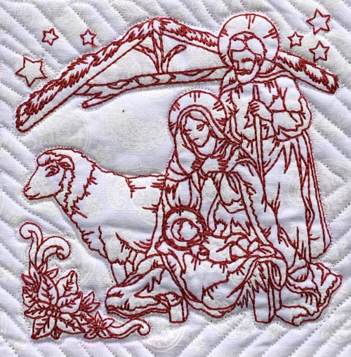 Stitch-out of one of the designs with Nativity scene