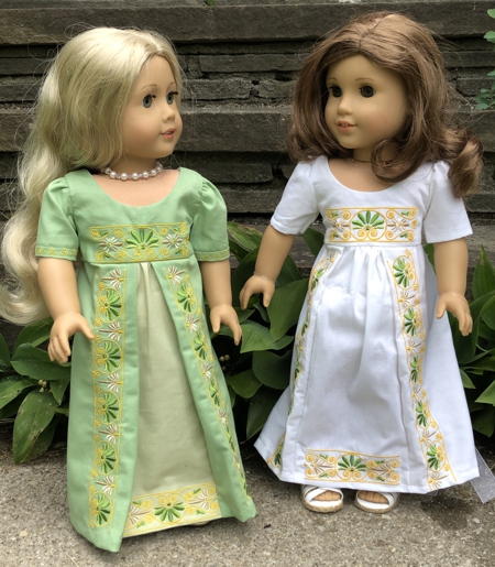 Finished dresses - sage and white - on 2 dolls.
