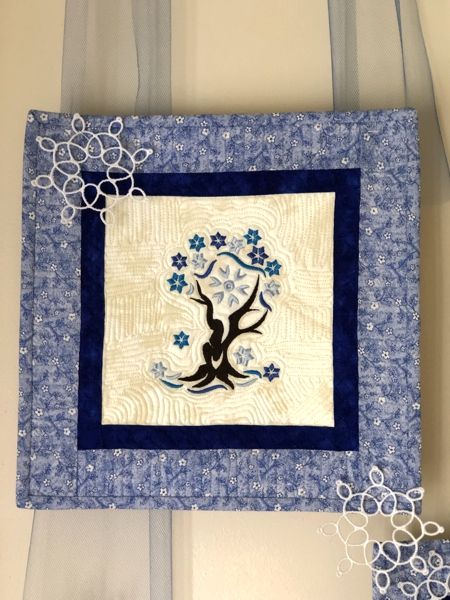 Winter-themed one-block quilt.
