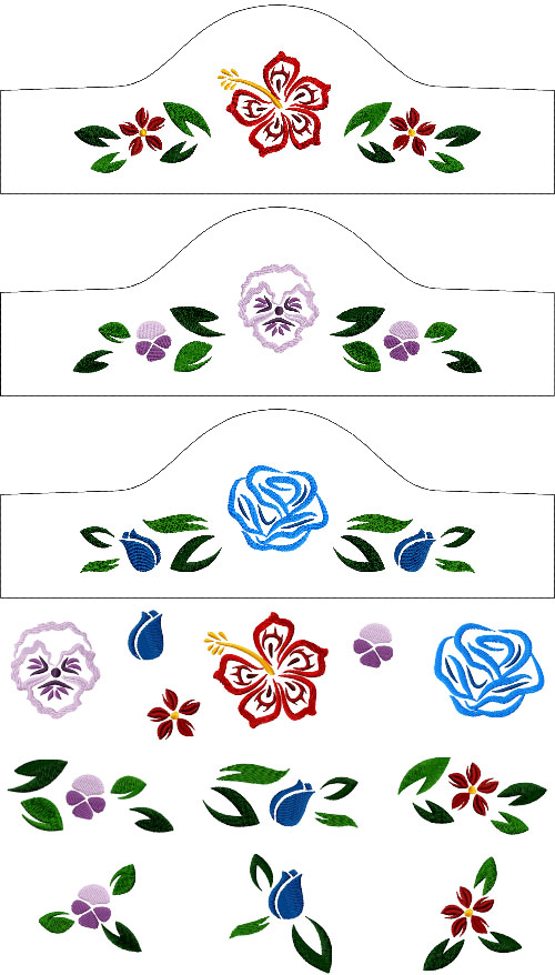 Screenshots of the embroidery designs from the set.