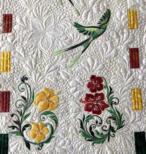 Close-up of the embroidery and quilting patterns