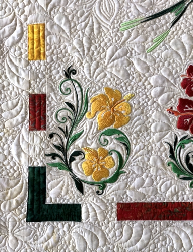 Close-up of the embroidery and quilting patterns