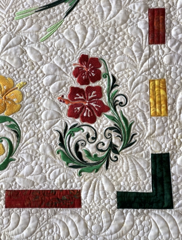 Close-up of the embroidery and quilting patterns