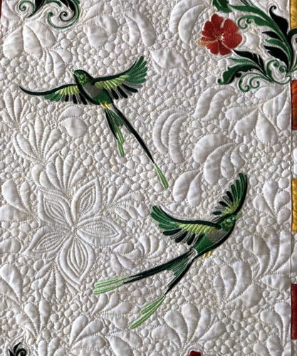 Close-up of the embroidery and quilting patterns