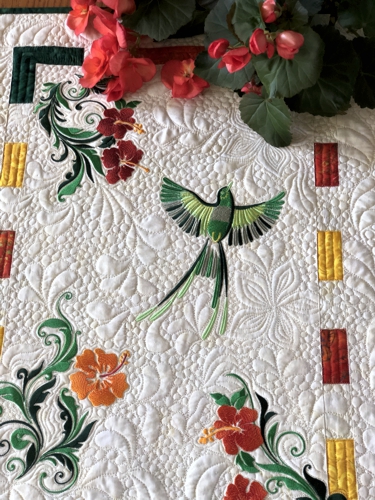 Close-up of the embroidery and quilting patterns