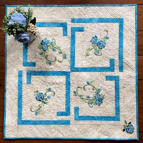 Quilted Tabletopper with Blue Roses Embroidery