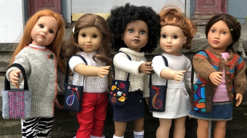 18-inch dolls with tote bags.