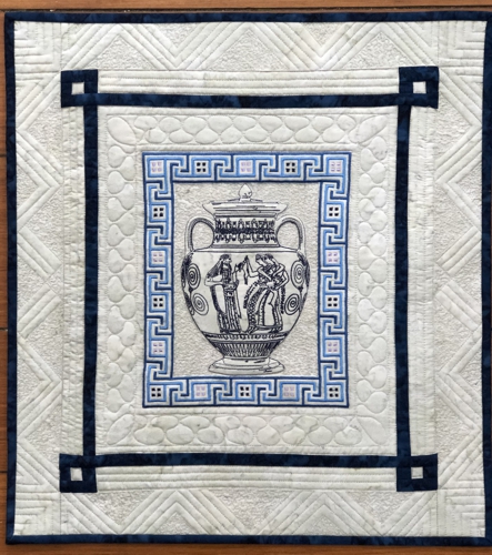 Finished quilted wallhanging with Ancient Greek vase embroidery