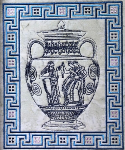 Finished embroidery of a ancient Greek vase in a blue frame