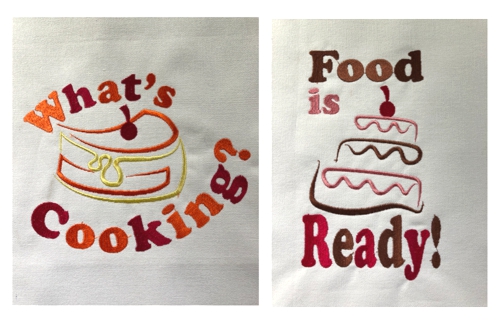 2 stitch-outs of the designs from the Kitchen Slogan set.