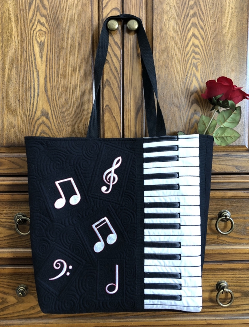 Finished tote bag - black with white misuc notes embroidery and piano keybord pattern.