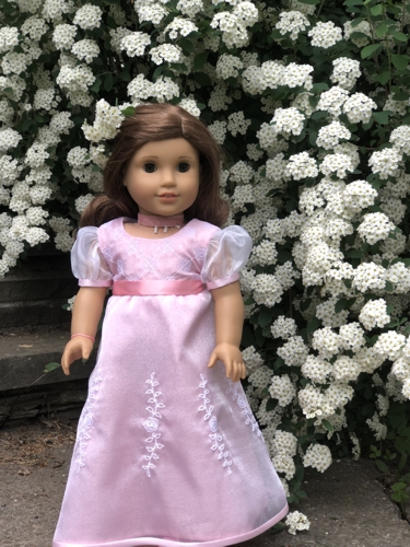 A doll in pink dress with embroidered organza overlay