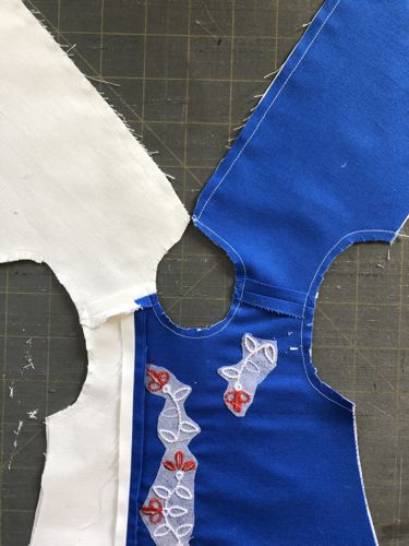Pin the bodice lining and bodice together along the neck edge and back opening.
