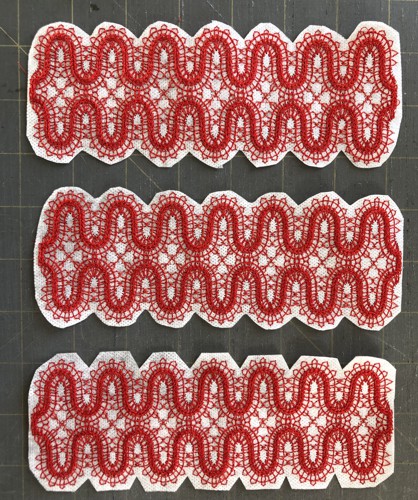 Stitch-outs of the lace design.