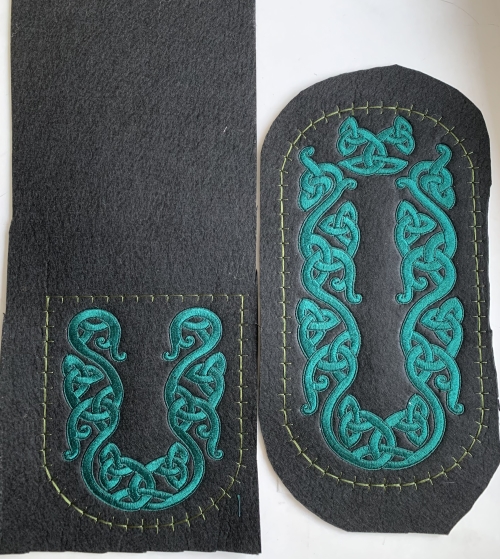 Stitch-outs of the designs on faux leather