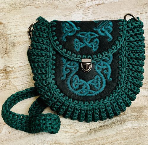 Finished bag with Celtic embroidery. Front view.