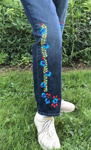 Jeans embroidered with the designs from Morning