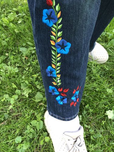 Jeans embroidered with the designs from Morning