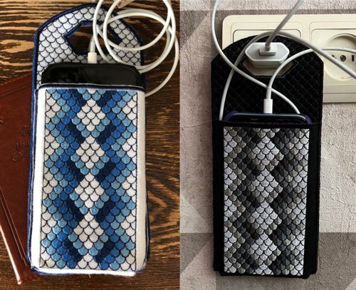 2 finished charger cases embroidered one in blue colors, the other in gray hues.