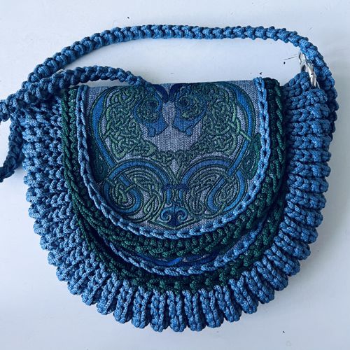 Finished bag with colored Celtic embroidery. Front view.