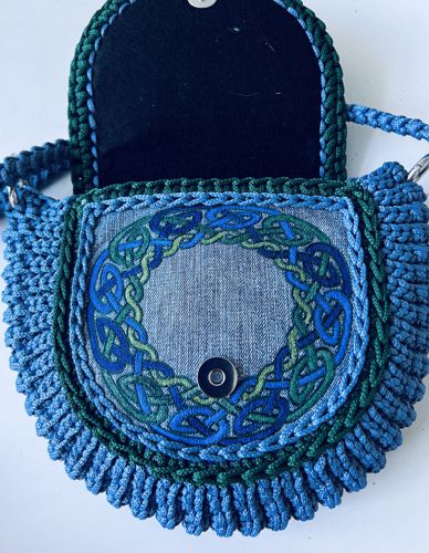 Finished bag with colored Celtic embroidery. Front view.