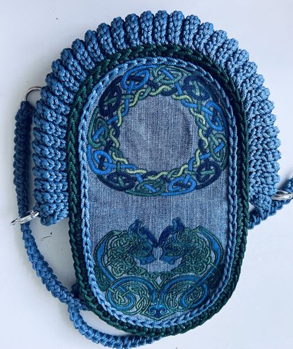 Finished bag with colored Celtic embroidery. Flap-back view.