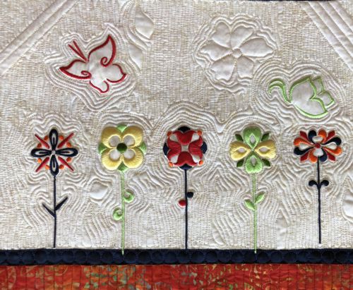 Close-up of the quilting pattern and embroidery.