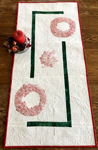 White Christmas Tablerunner with Red Poinsettia Wreath Embroidery