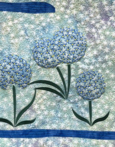 A close-up of the embroidery and quilting stitches