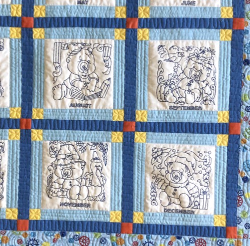 A close-up of the embroidery and quilting stitches.