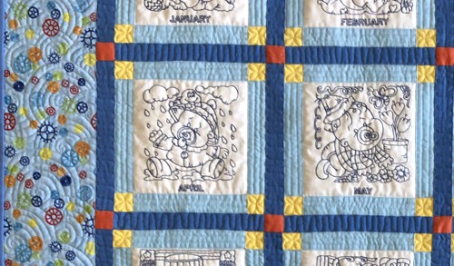 A close-up of the embroidery and quilting stitches.