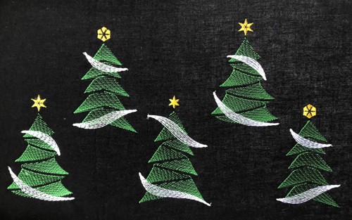 Stitch-outs of 5 fir trees on the black background.