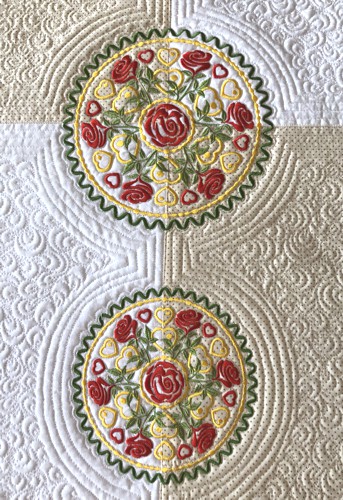 A close-up of the embroidery and quilting stitches.