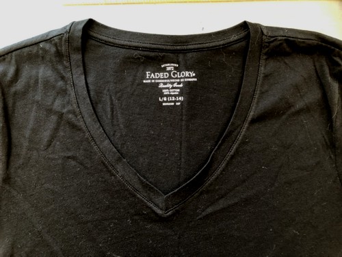 A black T-shirt with V-neck.