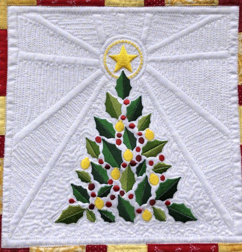 A close-up of the embroidery and quilting stitches.