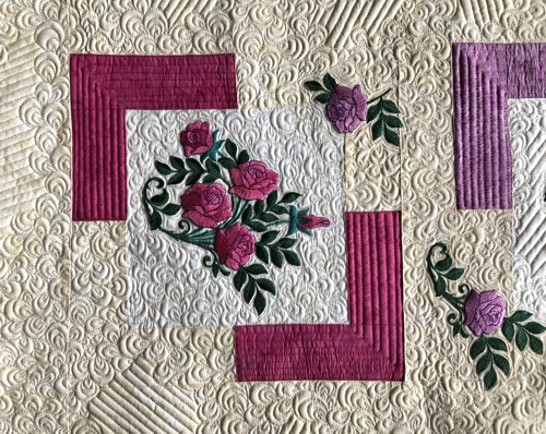 A close-up of the embroidery and quilting stitches.