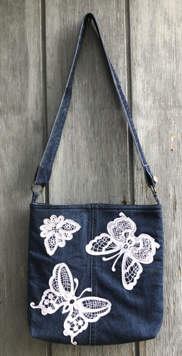 Upcycle Denim Shoulder Bag with Freestanding Lace Embroidery