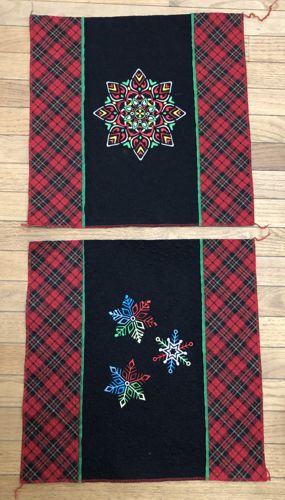 The panels are quilted, trimed to 17" x 17" squares, raw edges finished.