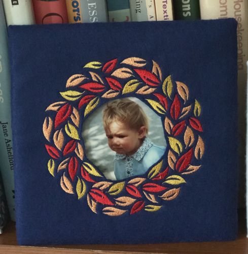 Blue felt frame with autumn leaves embroidery.
