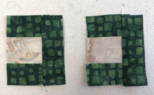 Sew the green 1" x 2 1/2" to one of the sides of the green-light strips.