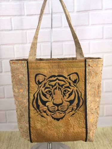 Cork Tote Bag with Tiger Embroidery on Quilted Front Panel