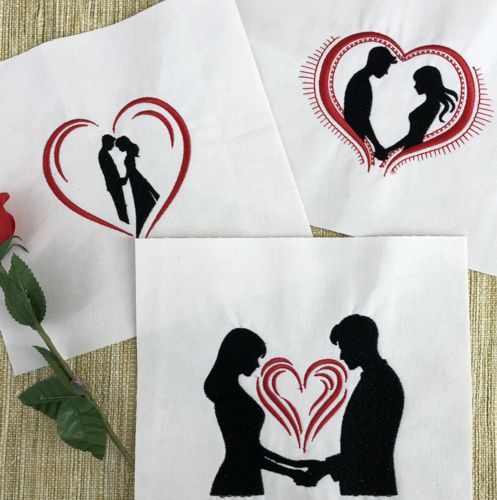 3 stitch-outs of the Valentine-themed embroidery designs.