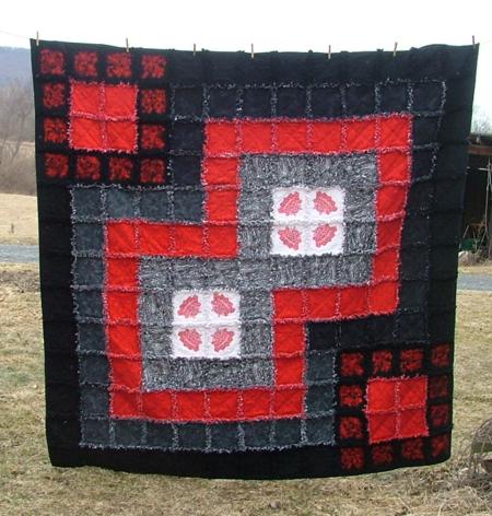 Red-Black-and-White Frayed-Edge Quilt with Embroidery image 1