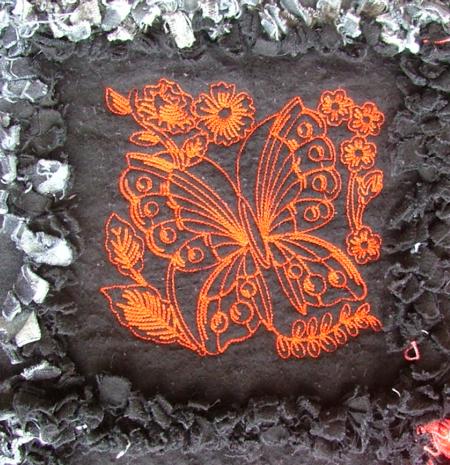 Red-Black-and-White Frayed-Edge Quilt with Embroidery image 5