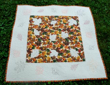 Quilted Table Topper with Leaf Applique and Redwork Embroidery image 1