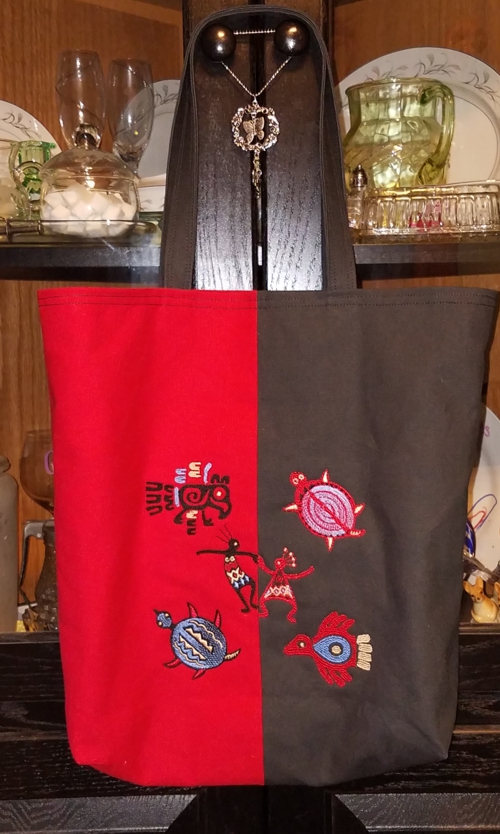 Red-and-Brown totebag with Southwestern Indian motif embroidery